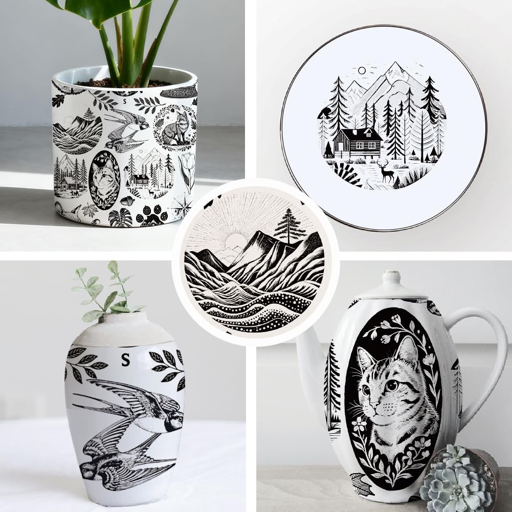 SUPERDANT 4PCS Mountain Scenery Underglaze Paper Transfer Cat Animal Transfer Paper for Clay Ceramic Porcelain Under Glaze Transfers for Pottery Enamel Decals Black Underglaze Decal Papers