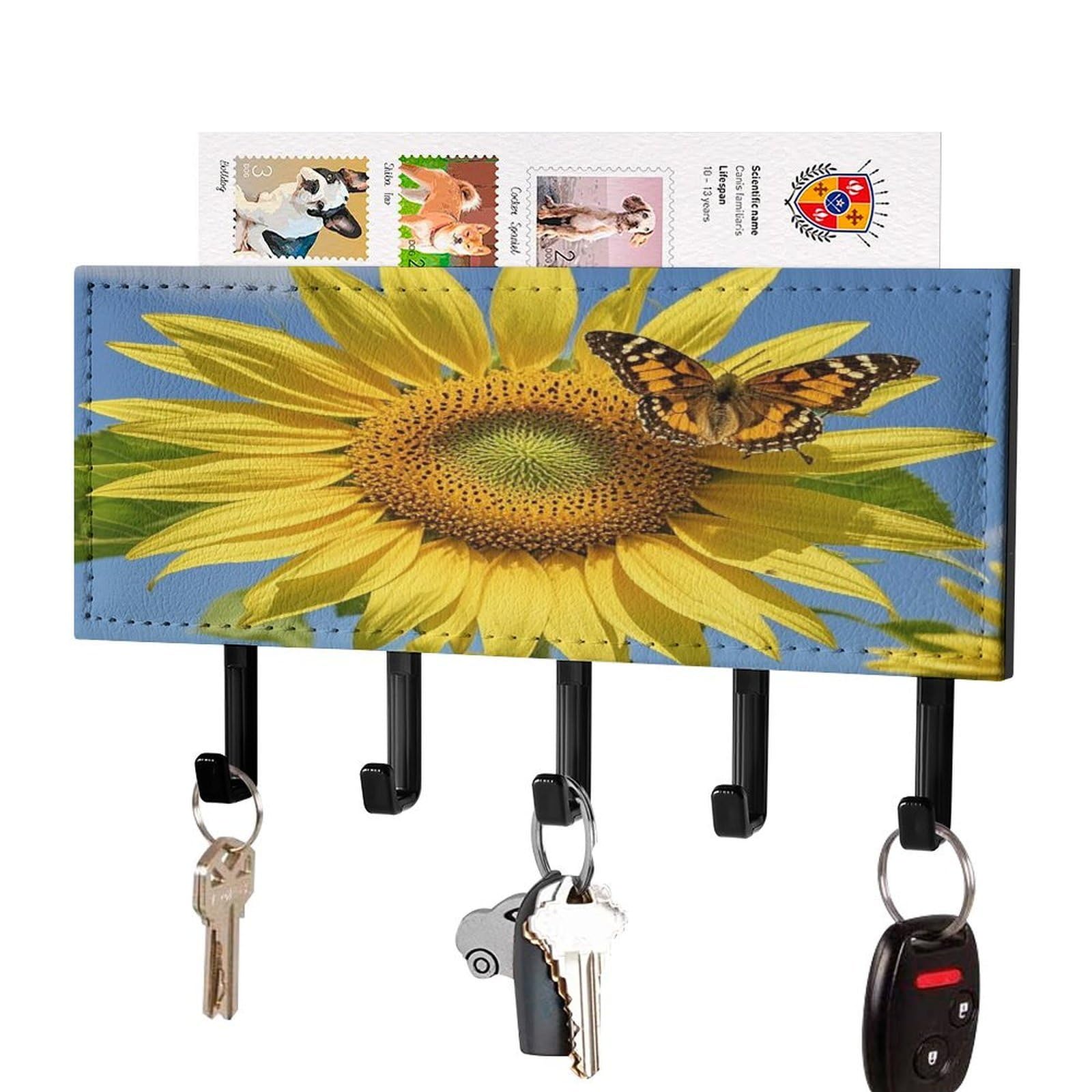 Lzqpoeas Black-Style Sunflower And Butterfly Key Holder Wall Mount With Mail Organizer Fashion Adhesive Key Hanger With 5 Hooks No Drill Pu Leather Key Organizer Rack For Entryway Kitchen Hallway Decor