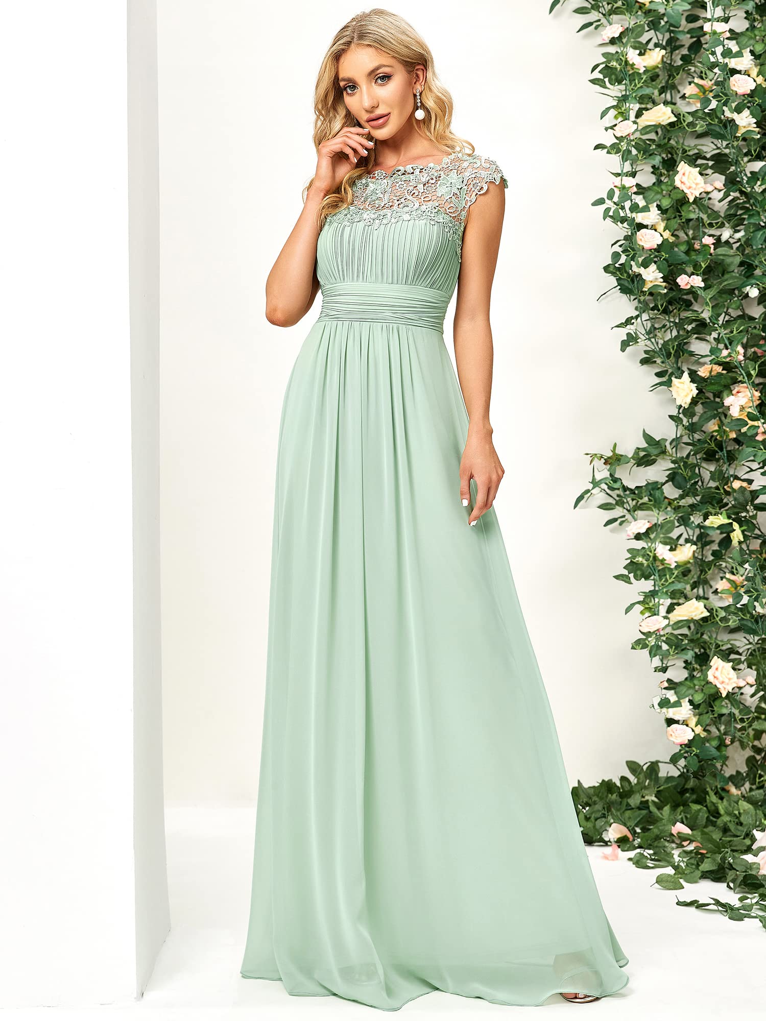 Ever-Pretty Damen Abendkleider Kurze Ärmel Rundkragen Spitze Empire A-Linie Elegant Chiffon Bodenlang Brautjungfernkleider EP09996