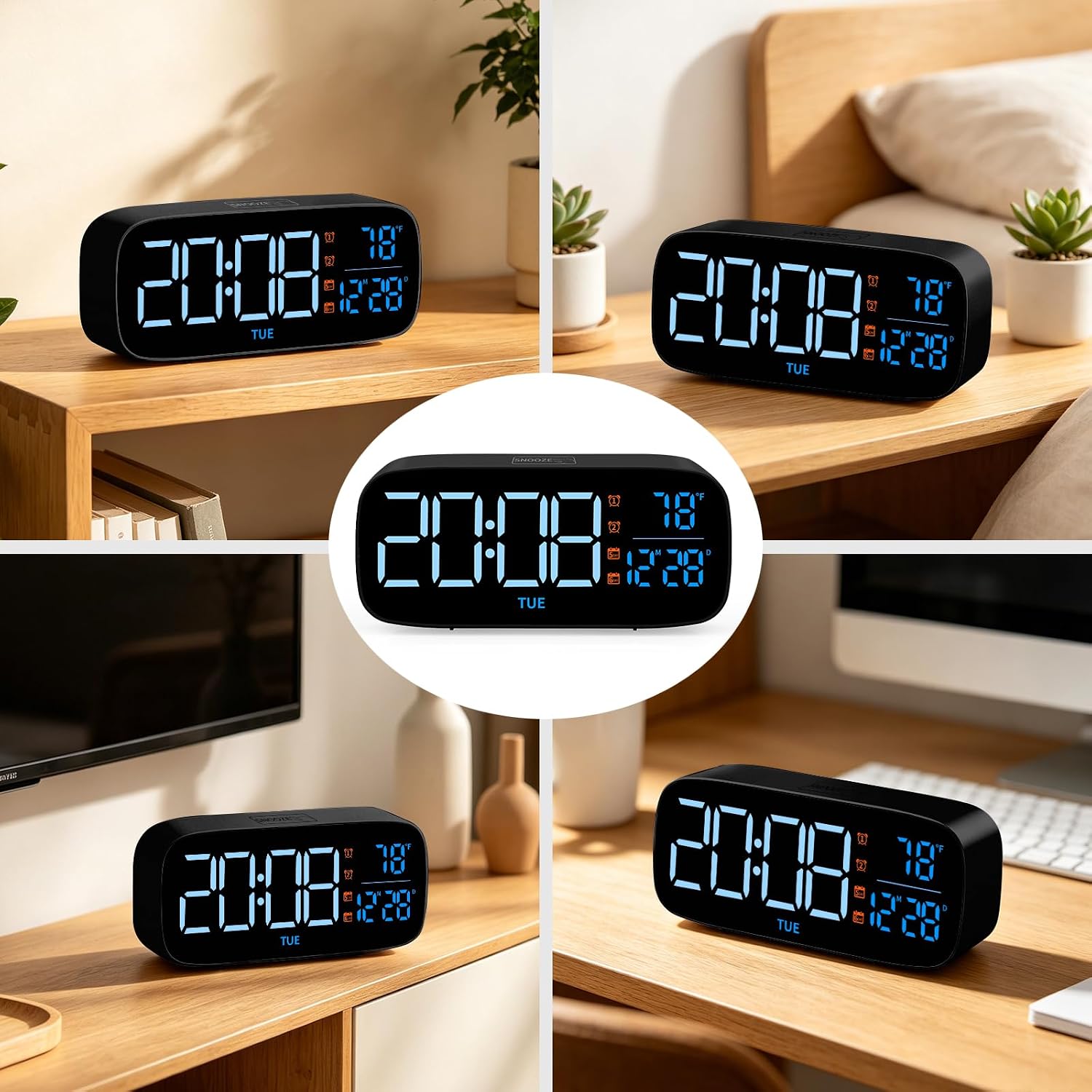 Digital Alarm Clock for Bedroom,Dimmer with Temperature Calendar, 13 Sounds Adjustable Volume, Weekday/Weekend Mode, Snooze, 12/24H Display for Bedrooms Heavy Sleepers Kids Bathroom