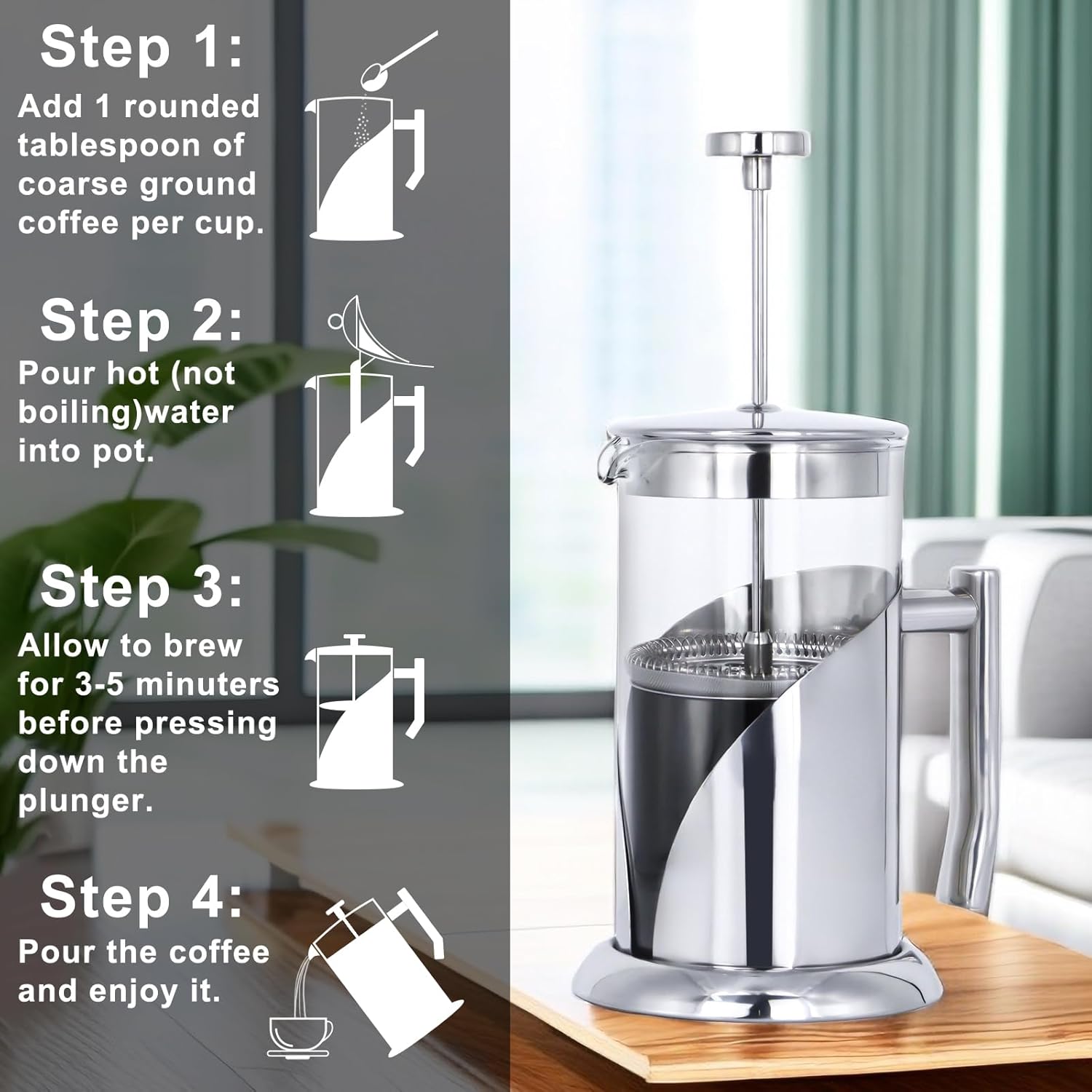 SOTECH French Press Coffee Maker Stainless Steel Insulated Easy Clean Multifunctional, 3 Layers of Filtration Minimalist Design(1L)