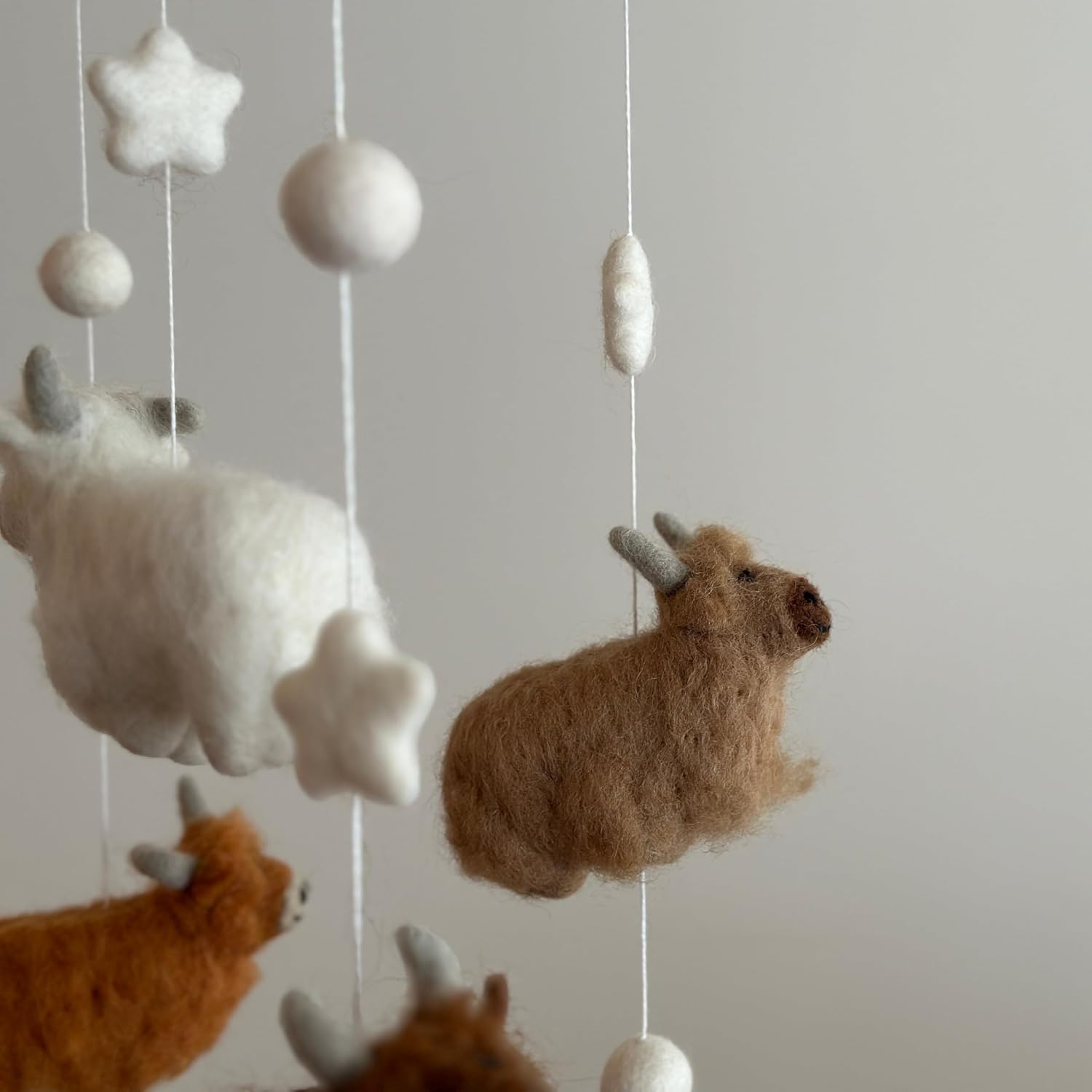 Handmade Felt Highland Cow Nursery Mobile, Highland Cow Crib Mobile for Boys & Girls, Boho Nursery Decor, Natural Wool Highland Cow Hanging Mobile, Unique Baby Shower Gift, Handcrafted in Nepal
