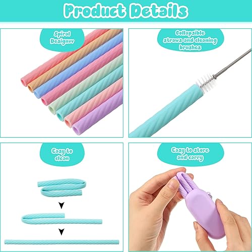 Miniatura 3 de Juego de 8 popotes de silicona con estuche, popotes reutilizables, plegables de silicona, portátiles, para fiestas, viajes, paja fría o caliente,