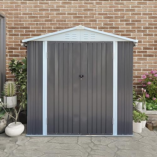 Miniatura 7 de Cobertizo de almacenamiento de acero de 6 x 4 pies para cobertizos estilo techo de patio trasero, herramientas de equipo de césped al aire libre con