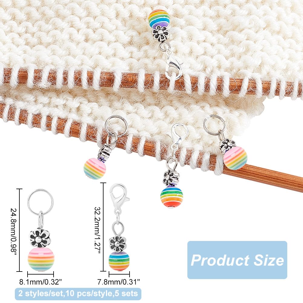 arricraft 100 Pcs Beads Stitch Markers, Rainbow Striped Resin Crochet Stitch Marker Charms, Lobster Clasp Locking Stitch Markers Knitting Charms for Weaving Sewing Crochet Jewelry Making