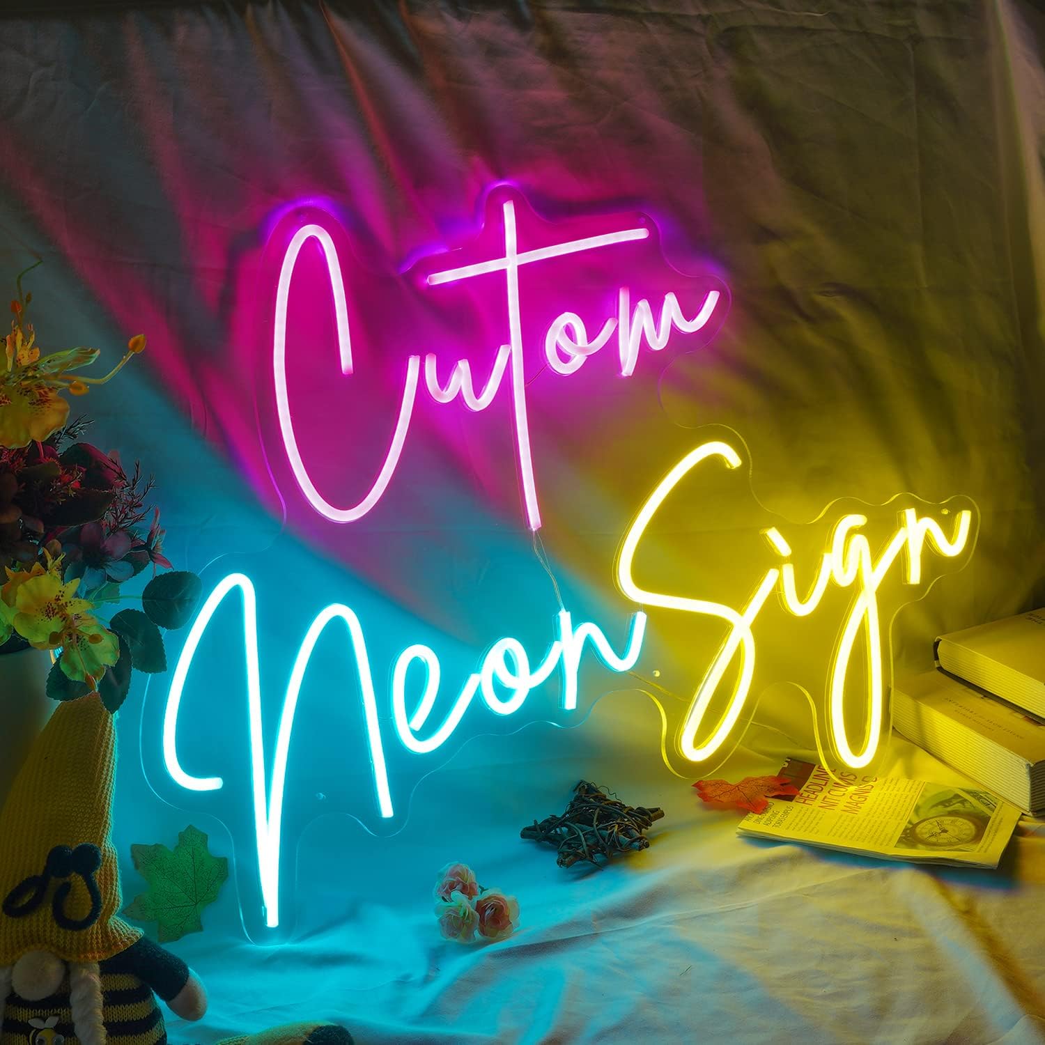 Custom LED Neon Signs for Wall Decor, Personalized Neon Sign for Wedding Birthday Party Bedroom Bar Business Office Salon Shop Logo Name Neon Lights (3 Line Text/16 ")