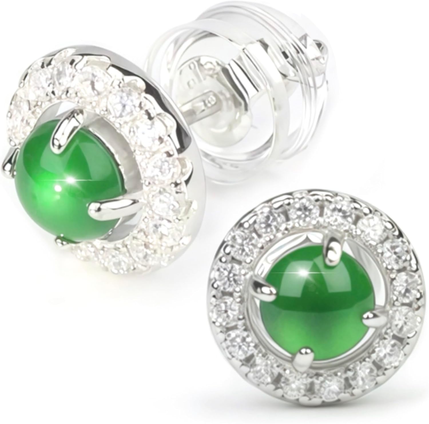 Jade Earrings for Women Genuine, Healing Green Jadeit Studs 18K Gold Plated, Natural Jadeite S925 Silver Post Hypoallergenic Earings, Lucky Jade Jewelry Gift for Mother's Day (2PCS Premium)
