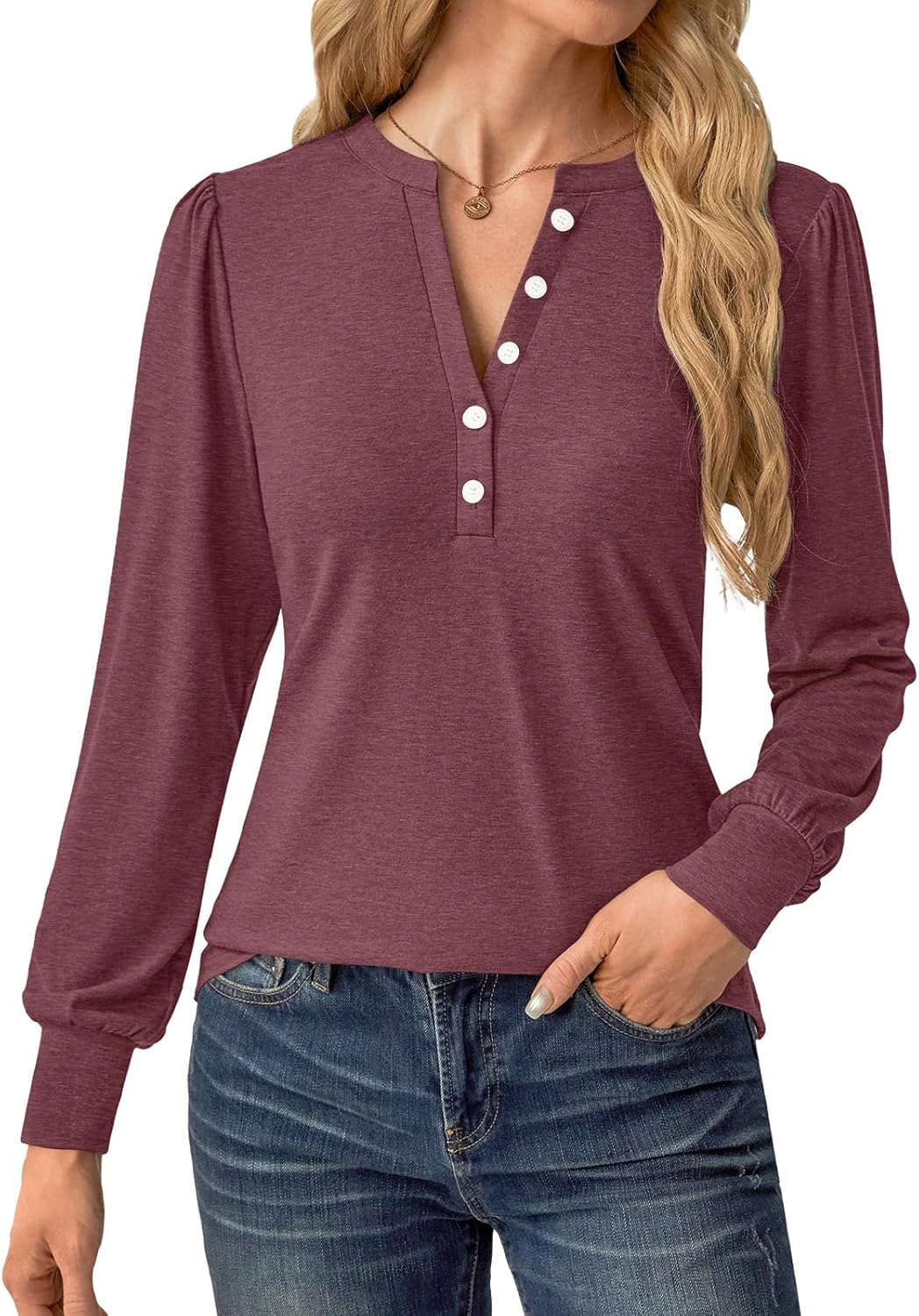 Women's Puff Long Sleeve Tunic V Neck Button Blouses Fall Tops Trendy Dressy Casual Business Henley Shirts - Image 6