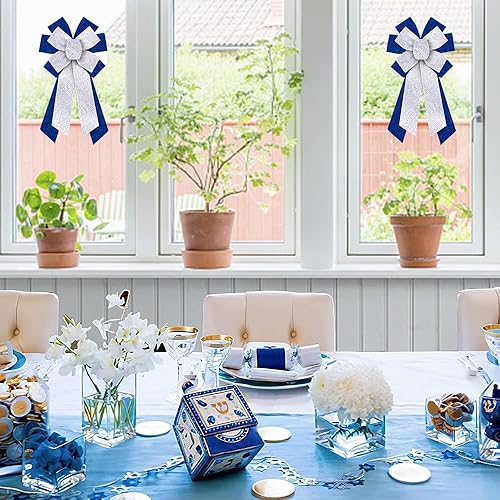 Miniatura 4 de Lazos grandes de Hanukkah para corona, estrella de David con purpurina azul, lazos de estrella para puerta delantera, adornos de Navidad judíos,