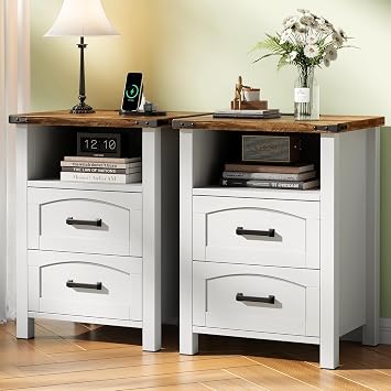 Decofy Farmhouse Nightstand Set of 2 with Charging Station, 2 Drawers