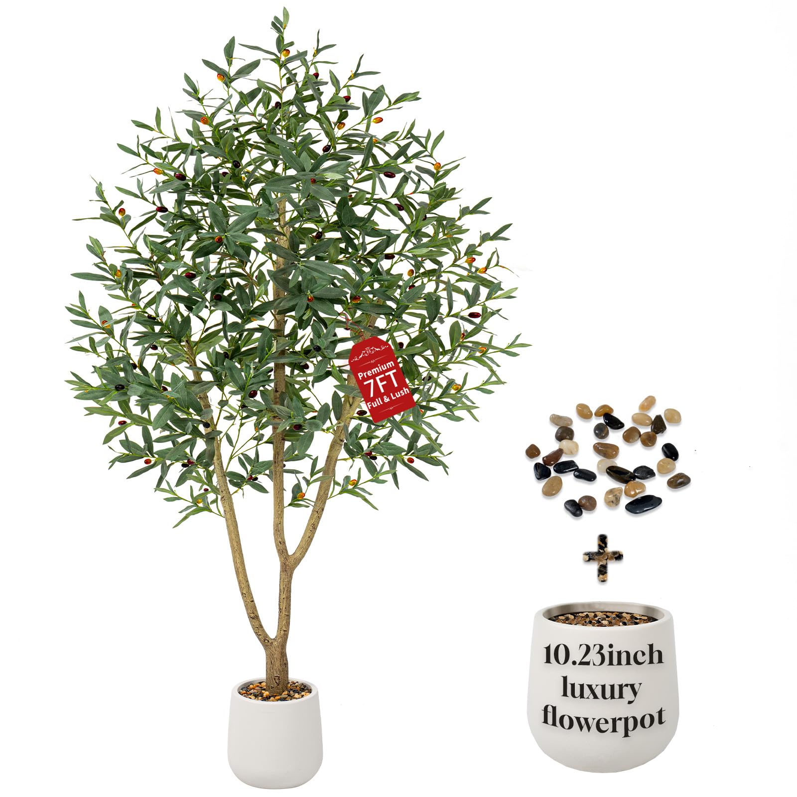 olivenbaum künstlich 210cm,kunstpflanzen groß mit Weiß Topf-1230 realistischen Blättern und 41 lebensechten Oliven,künstliche Pflanzen Dekoration ideal für Büros, Wohn und Schlafzimmer.