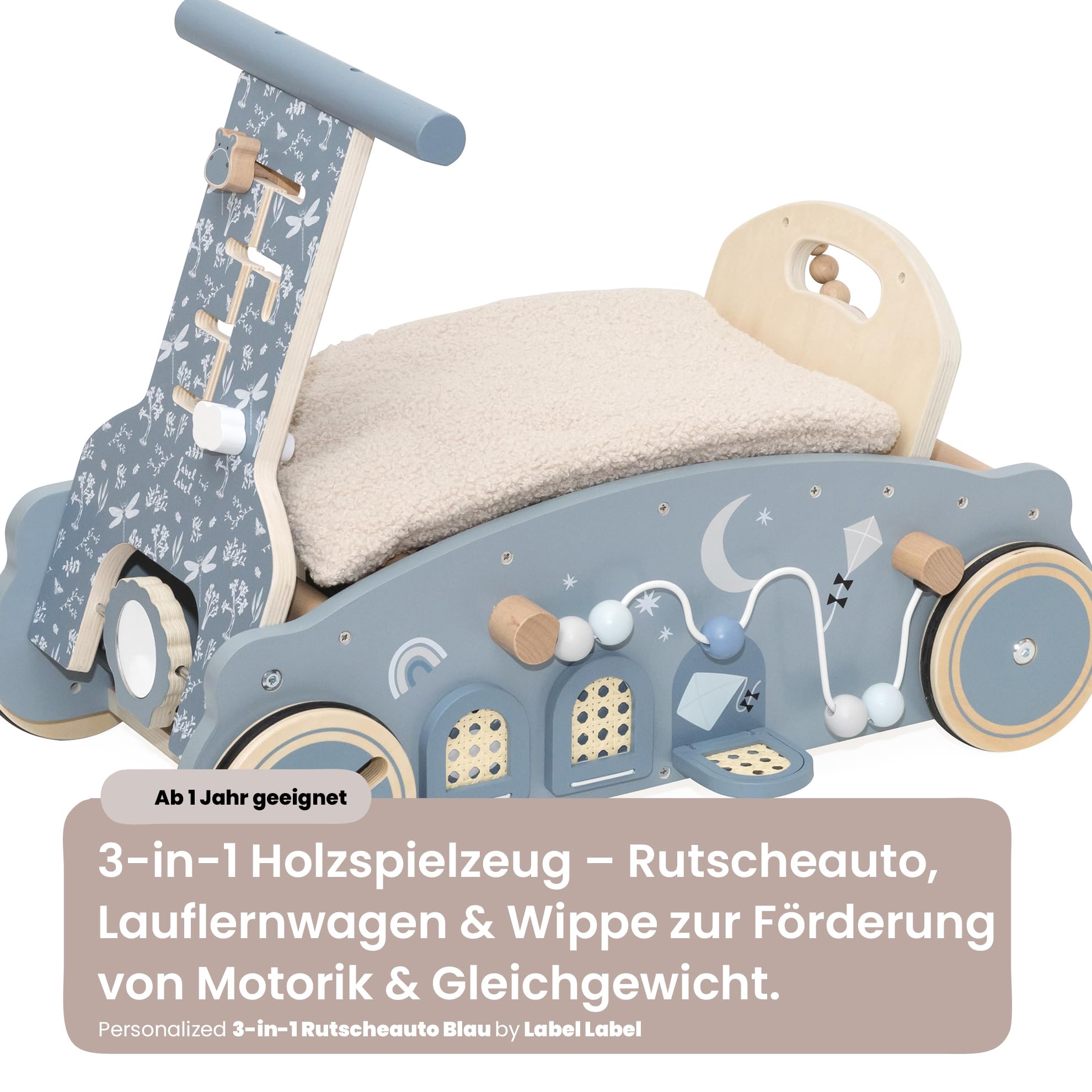 3in1 Lauflernwagen aus Holz personalisiert Olive – Lauflernhilfe, Rutscheauto & Wippe in einem – Montessori Motorikspiel – Stabiler Baby Schiebewagen für erste Schritte – Geschenk zum 1. Geburtstag