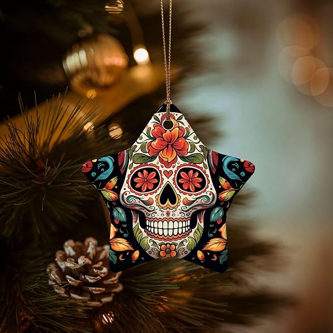 Christmas Tree Ornaments Ceramics Christmas Decorations Colorful Sugar Skull Ornaments with Gold Ribbon Porcelain Xmas Tree Crafts Star Shape Hanging Pendant for Christmas Tree Party Decor