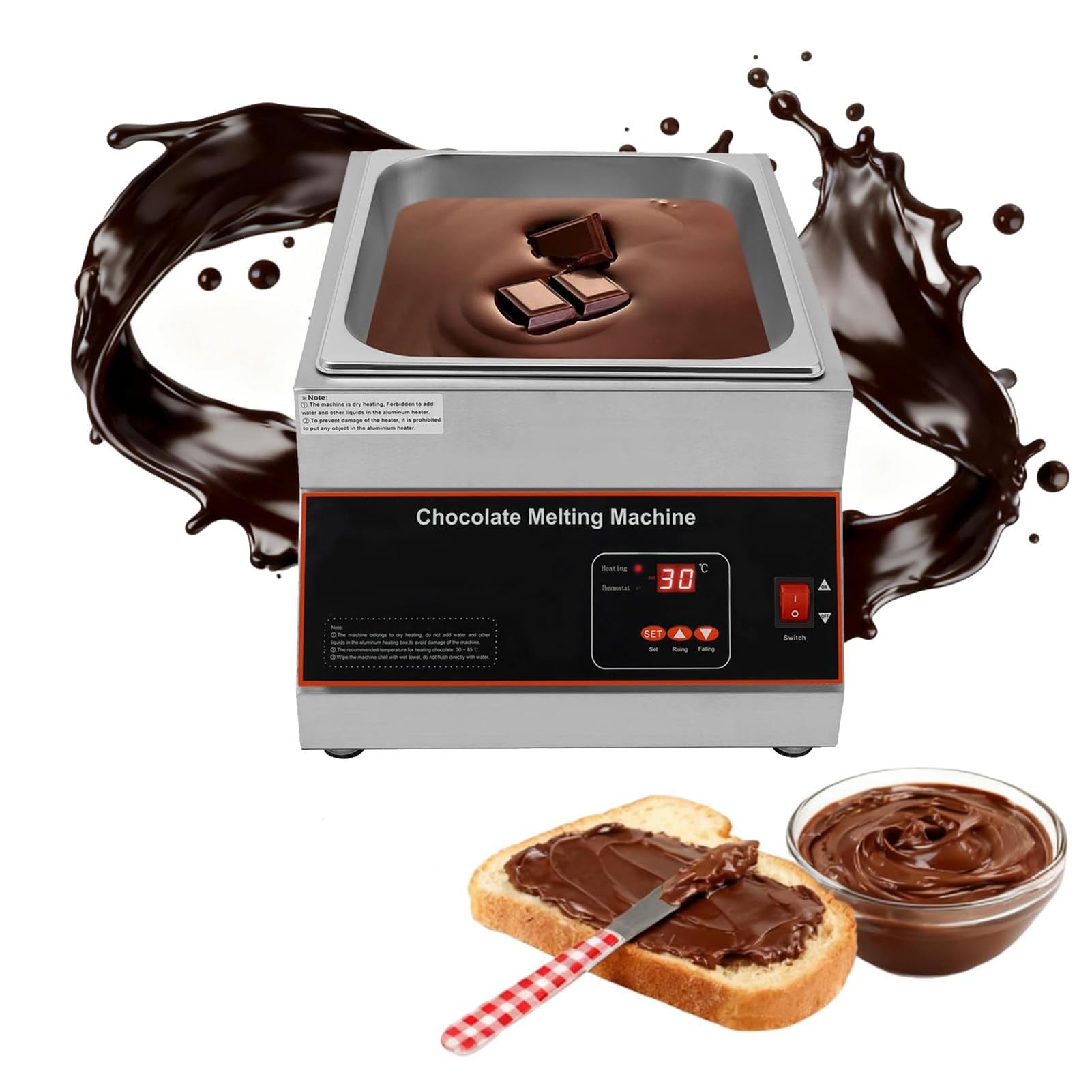 Máquina para templar chocolate en acero inoxidable con tanque individual y calentador de 500 W