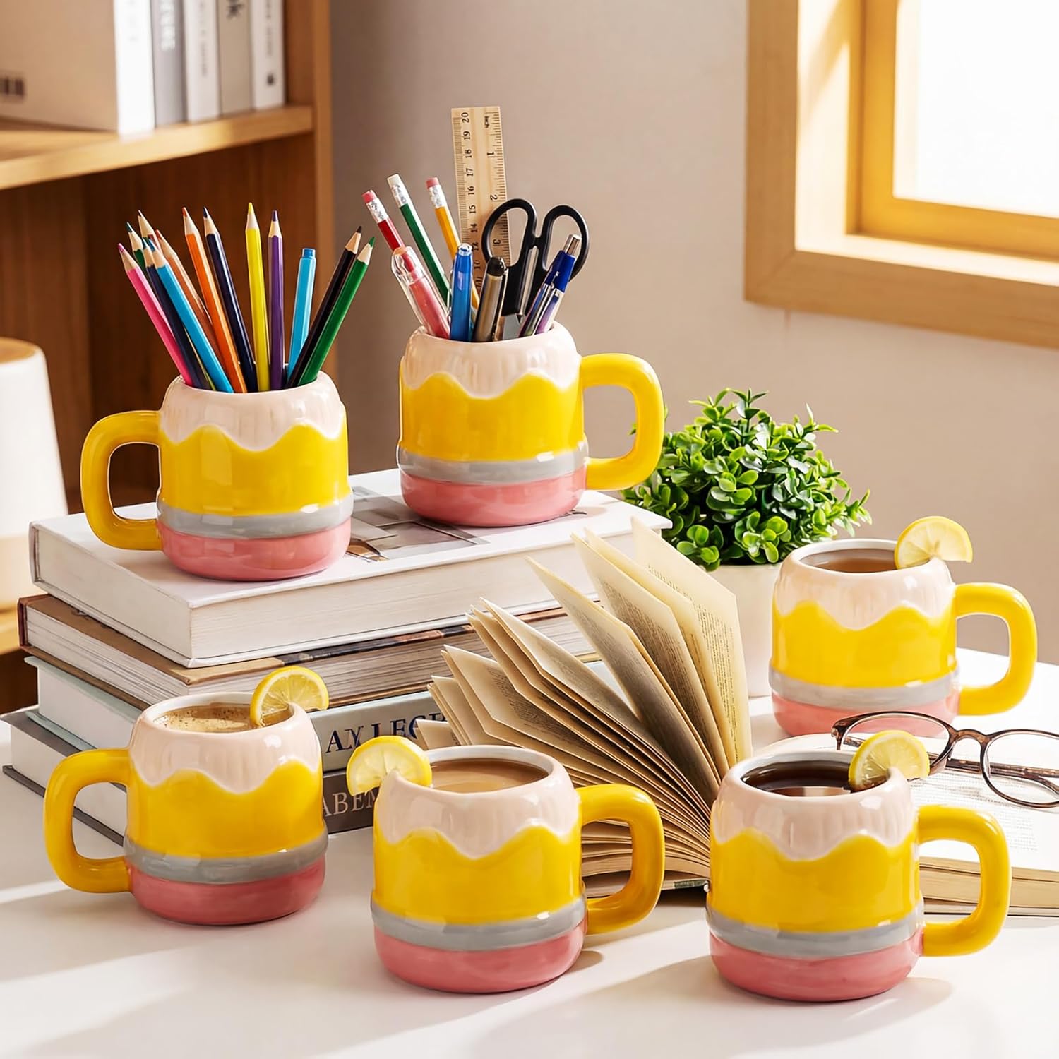 6 Pcs Graduation Teacher Appreciation Gifts Mugs 12oz Pencil Ceramic Coffee Mug Bulk Funny Pencil Pen Holders Thank You Teacher Gifts Appreciation Presents for Teachers Friends