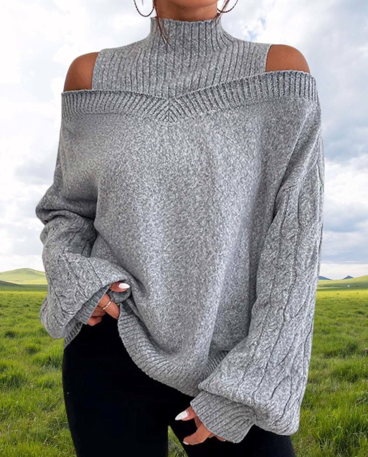 Turtleneck Sweaters for Womens Fall Fashion Casual Off The Shoulder Long Sleeve Solid Knit Pullover Sweater Top - Image 6