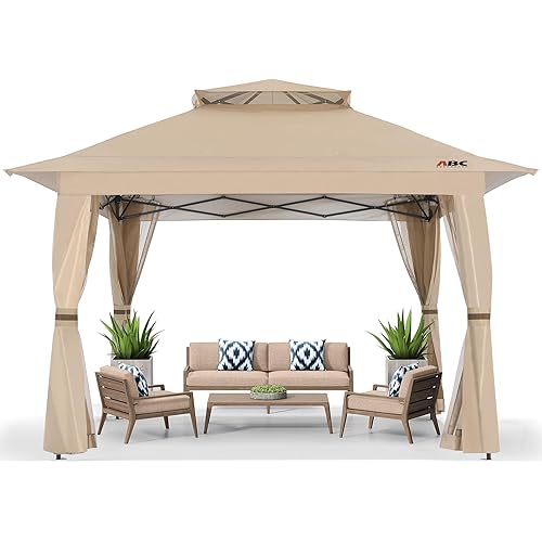 ABCCANOPY 13x13 Pop Up Gazebo, Outdoor Canopy Tent, Instant Screened Shelter with Mosquito Netting for Patio, Garden, Backyard, Party, Camping (Khaki)