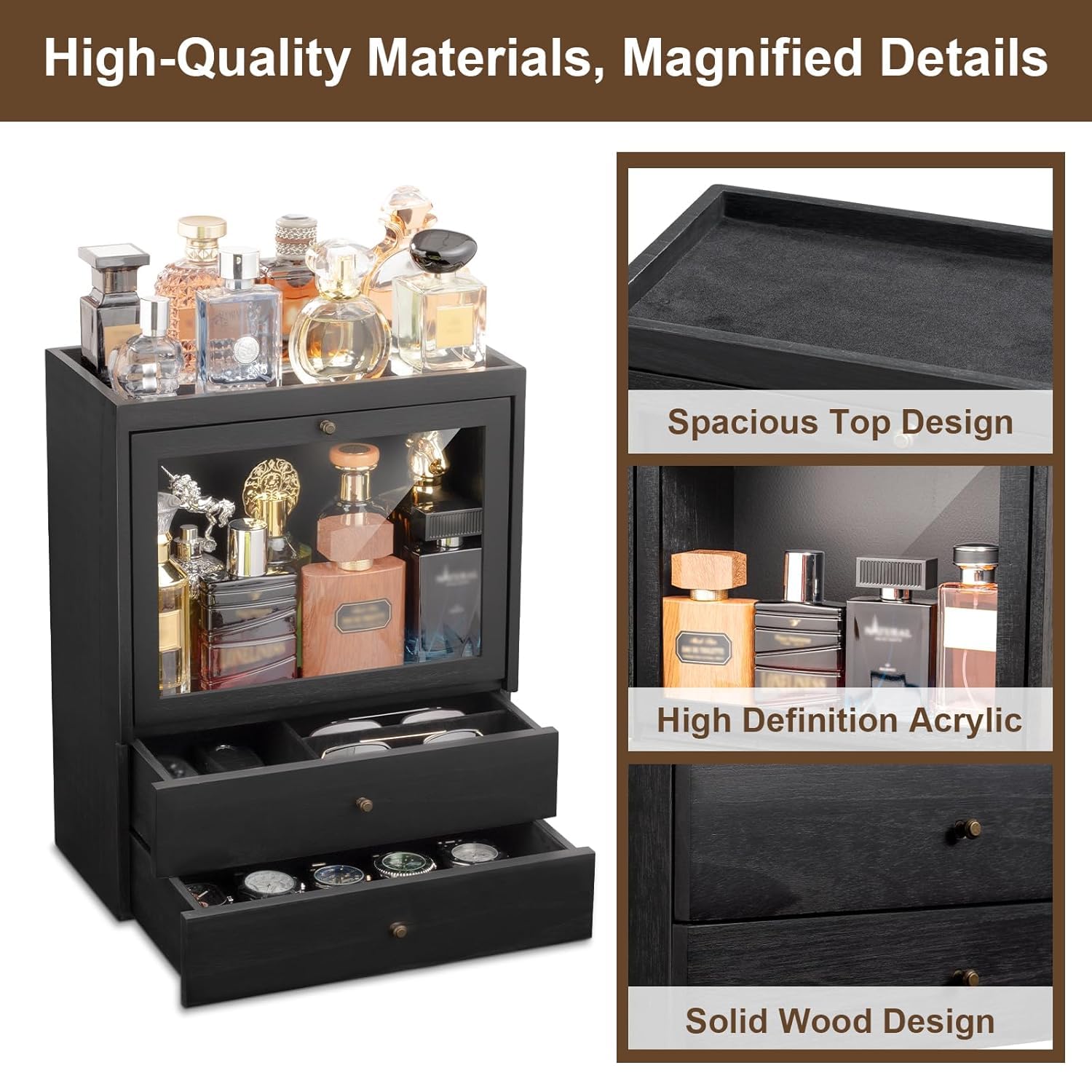 HoldOneLight Organizador de perfume, soporte vertical de madera para perfume, 4 niveles, gran capacidad, a prueba de polvo, con doble cajón, regalo para seres queridos