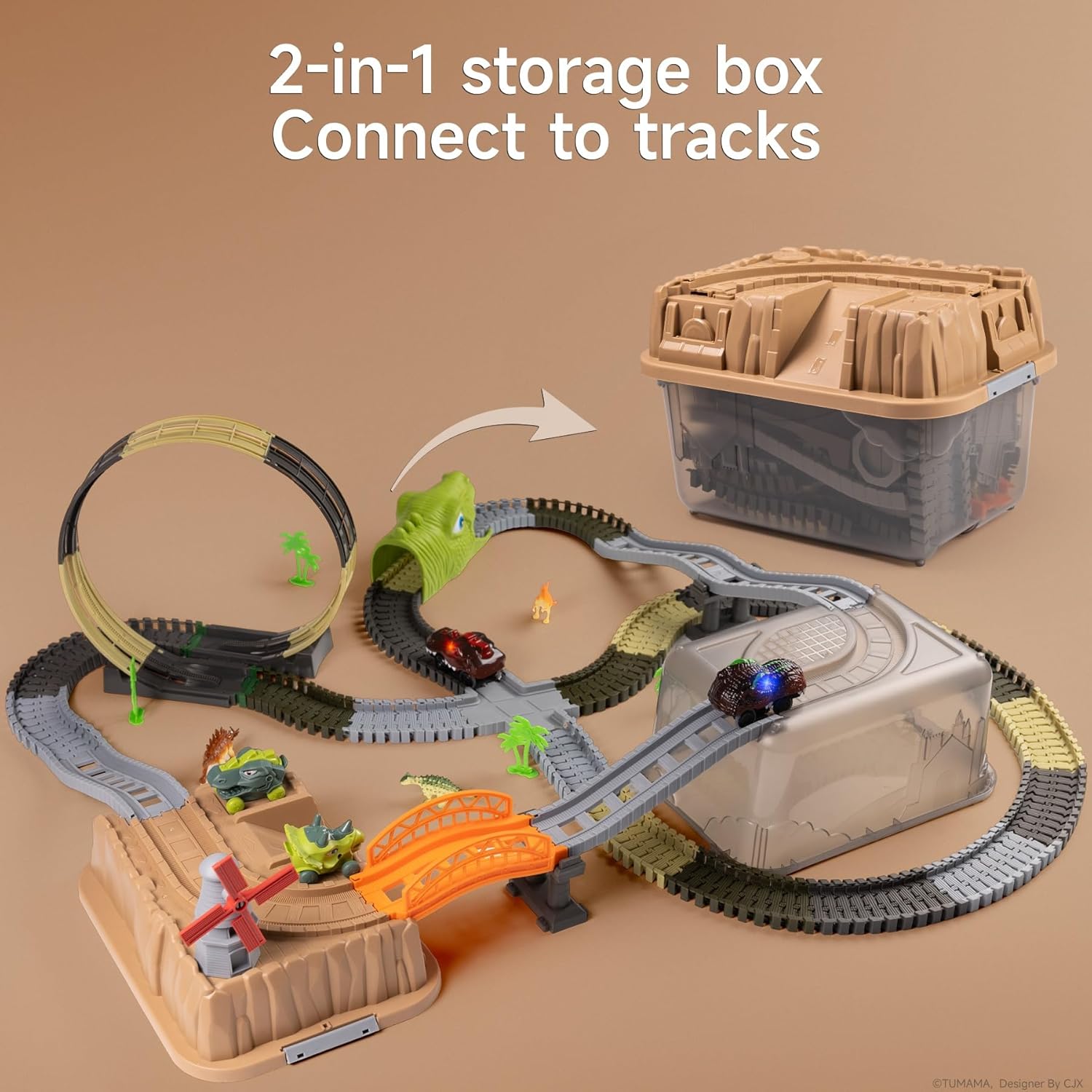 TUMAMA Dinosaur Toys Race Track, 255 PCS Create A Dinosaur World Road Race Tracks, Flexible Train Tracks with 3 Dinosaurs Figures, 4pcs Dinosaur Car for 3 4 5 6 Year Old Boys Girls Birthday Party Gift