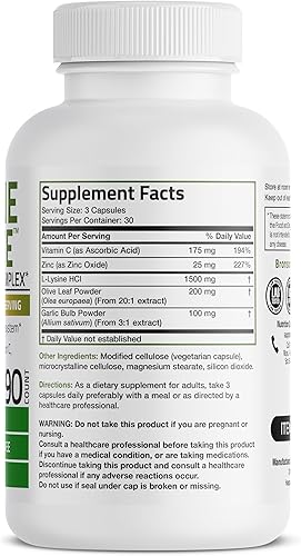 Miniatura 2 de Bronson L-Lysine Defense Immune Support Complex 1500 mg L-lisina Plus hoja de oliva ajo vitamina C y zinc sin OMG 90 cápsulas vegetarianas