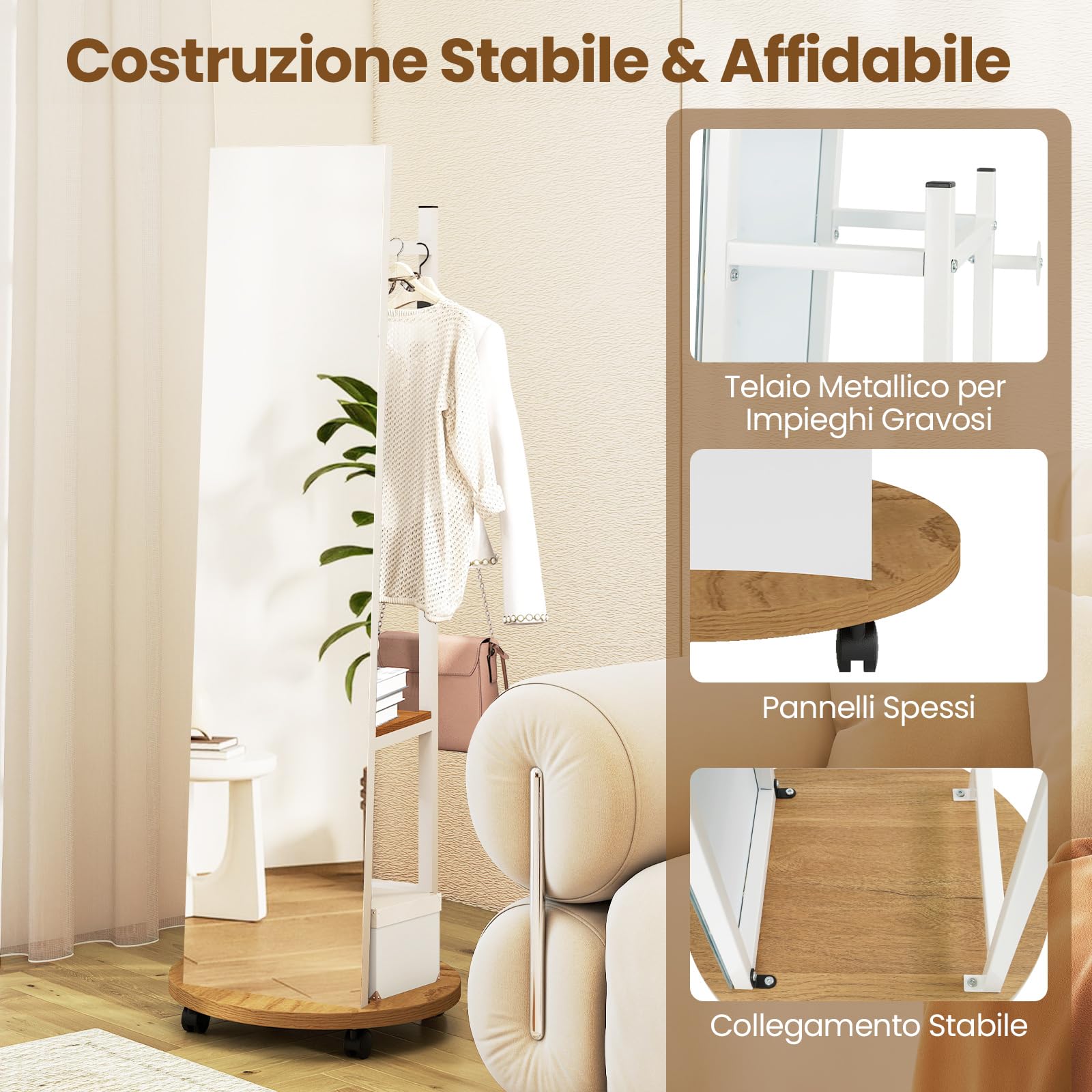 COSTWAY Appendiabiti con Specchio a Figura Intera, Appendiabiti Autoportante con 3 Ganci e Ripiani per Stoccaggio, Specchio da Terra con Ruote per Camera da Letto e Ingresso (Naturale)