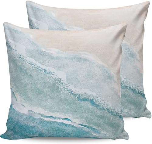 Miniatura 7 de Funda de almohada para exteriores, acuarela, azul, blanco, onda, océano, playa, impermeable, paquete de 2 fundas de almohada de paisaje costero,