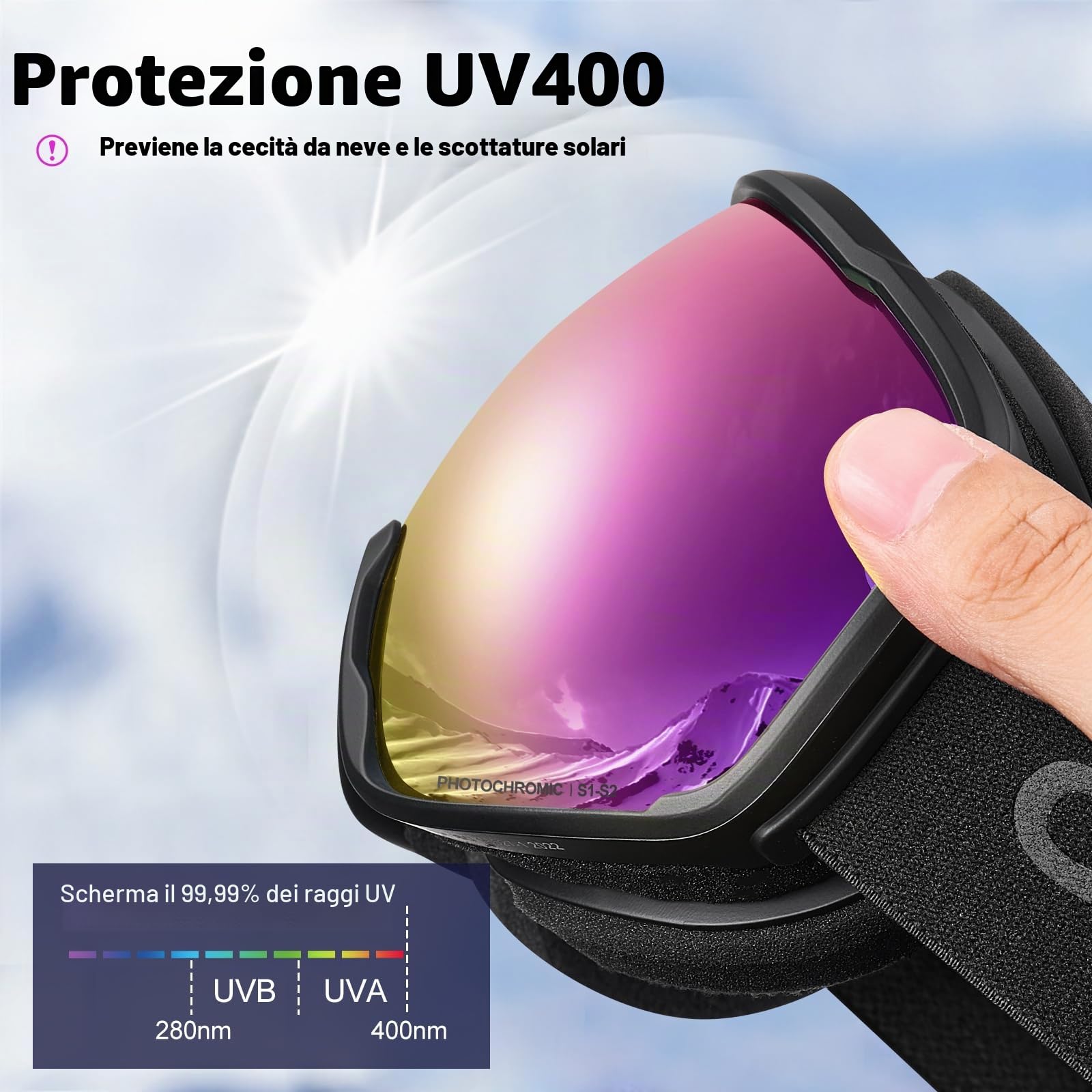 Odoland Occhiali da Sci Fotocromatici Occhiali da snowboard Protezione UV e Anti Fog per Uomini Donne Adulti Giovani Sci Snowboard