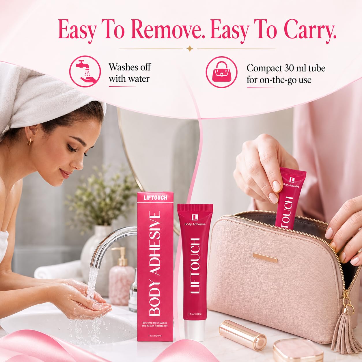 Body Adhesive Glue for Clothes 30ml, Sweat Proof, Water Wash Off Skin Adhesive, Fabric-Safe Liquid Fashion Glue for Low-Cut Styles