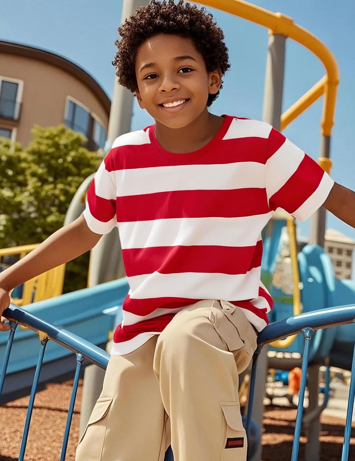 COSLAND Boys and Toddlers' Short Sleeve Striped T-Shirt, Cotton, Kids' Crew Neck Tee, 2T-Large - Image 6