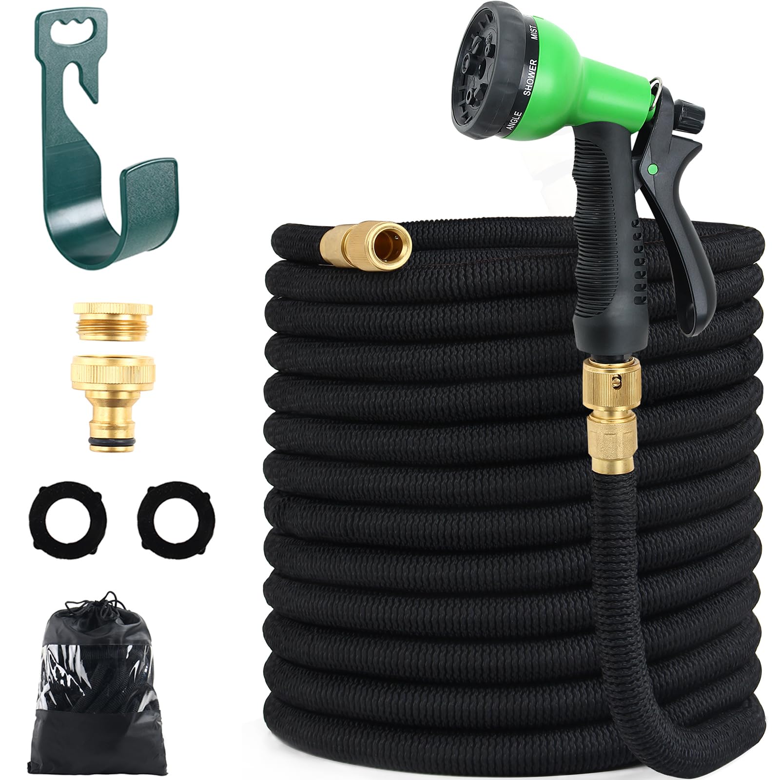Grandma Shark Black Upgraded Expandable Garden Hose With 8 Modes Water Spray Gun, Durable 3450D Weave And Solid Brass Connectors, Garden Hose Reel,No-Kink Flexible Magic Water Pipe(100Ft/30M)