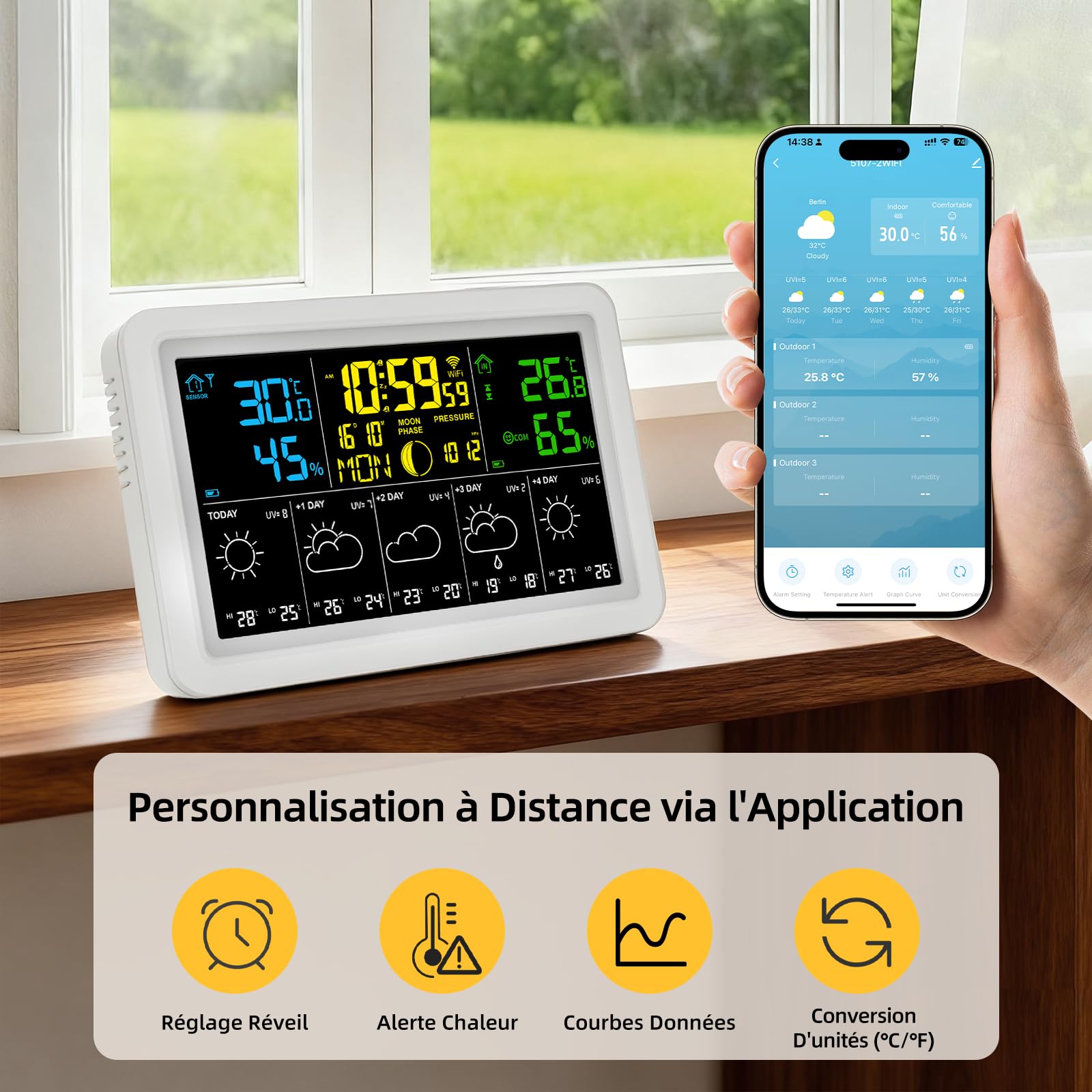 Station Météo Sans Fil, Thermometre Interieur Exterieur avec Capteur Externe, 4 Rétroéclairage Réglable, 7,5" Station Meteo Connectée, Prévisions Météo,Baromètre, Alarme,Thermomètre Hygromètre
