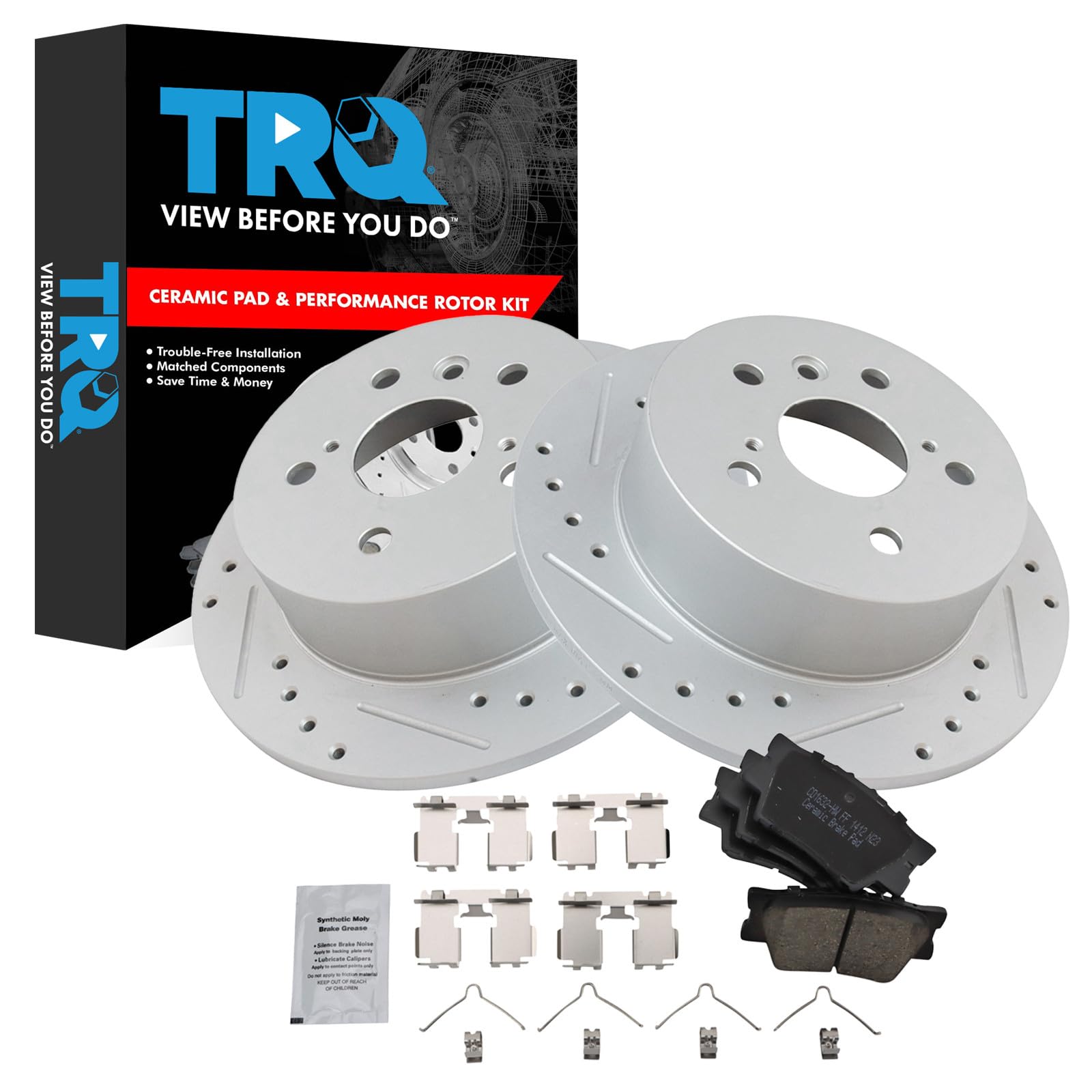 TRQ Performance Rear Brake Pad and Rotor Set Ceramic Coated Drilled Slotted Compatible with 2013-2018 Lexus ES300h ES350 Toyota Avalon 2012-2017 Camry