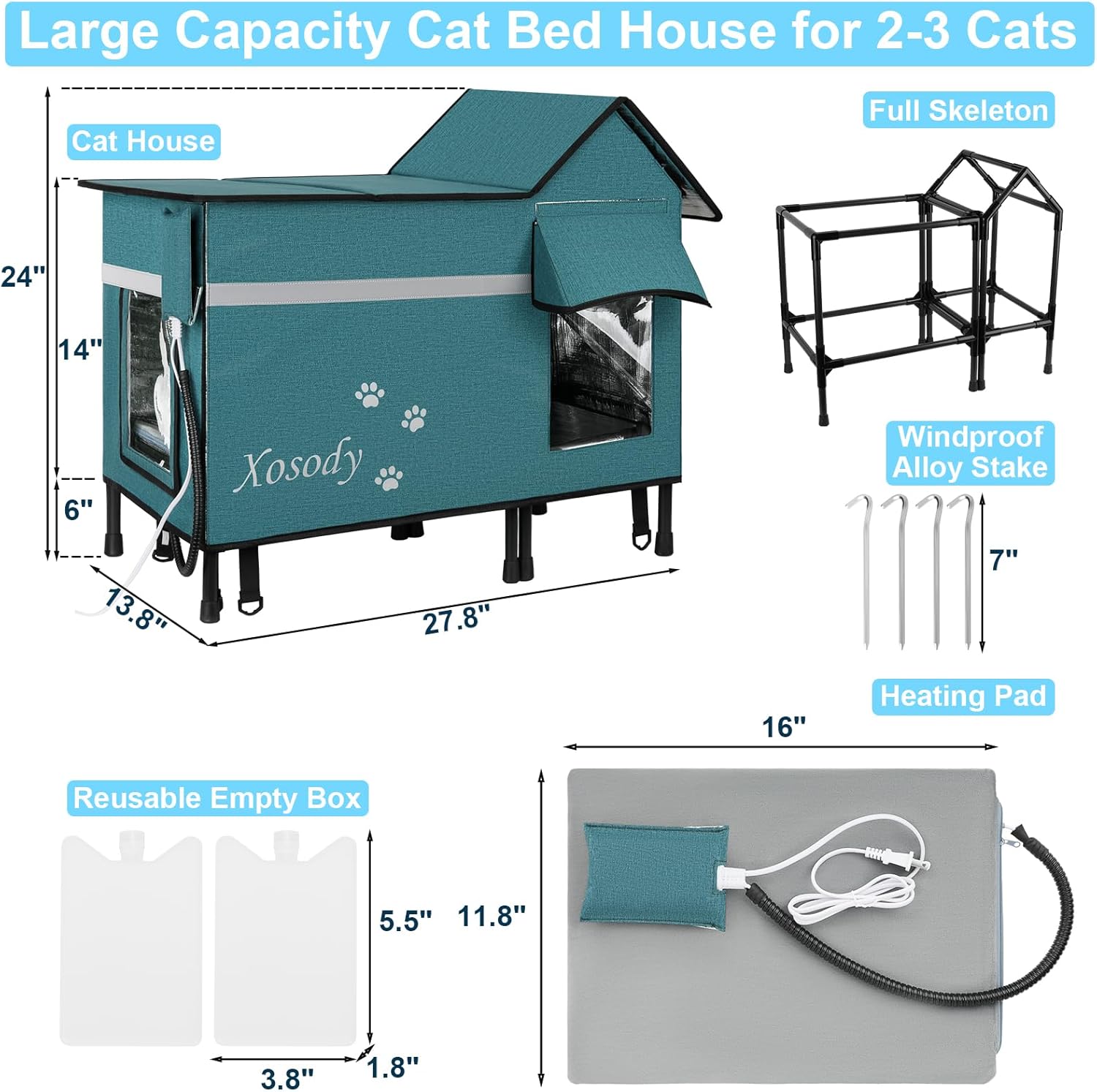 Heated Cat House for Outside Cats- 100% Weatherproof Insulated Outdoor Cat House with Heating Pad, Elevated Base & Safe Escape Door, Warm Kitty Shelter for Feral or Stray Cats in Winter