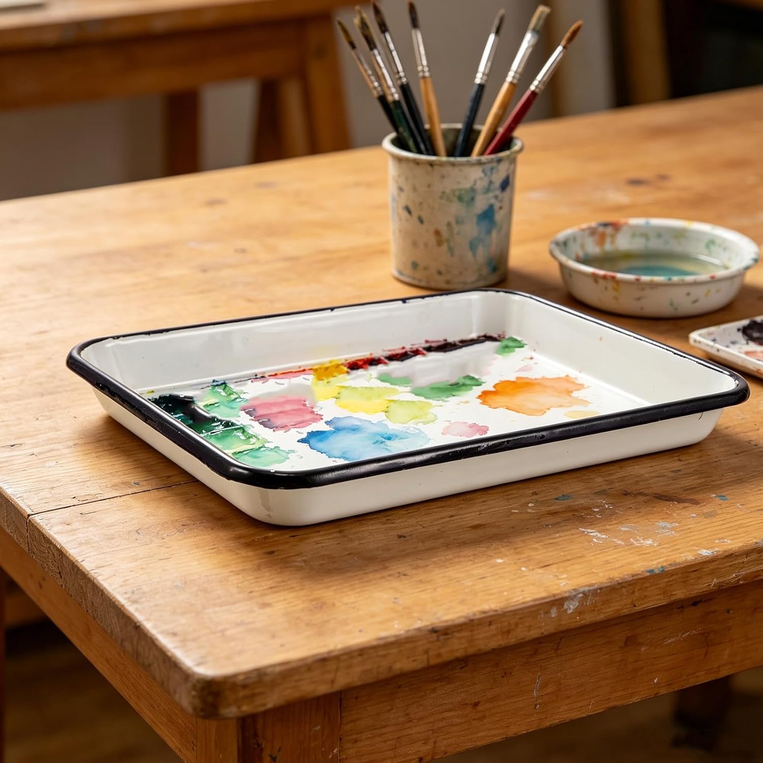 2pcs Paint Tray: Enamel Art Painting Tray Board for Artists Parties - Square Paint Mixing Palette for Watercolor Oil Makeup Application