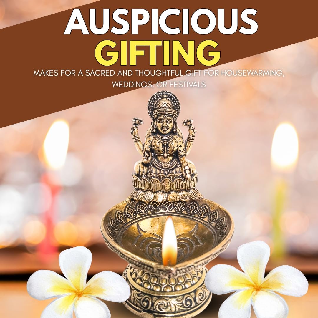 Brass Laxmi Diya Oil Lamp deepam Height 3.5" inch (Approx.) Antique Gold Finish Traditional Hindu Temple Pooja and Decor, Deepak for Diwali poojan.