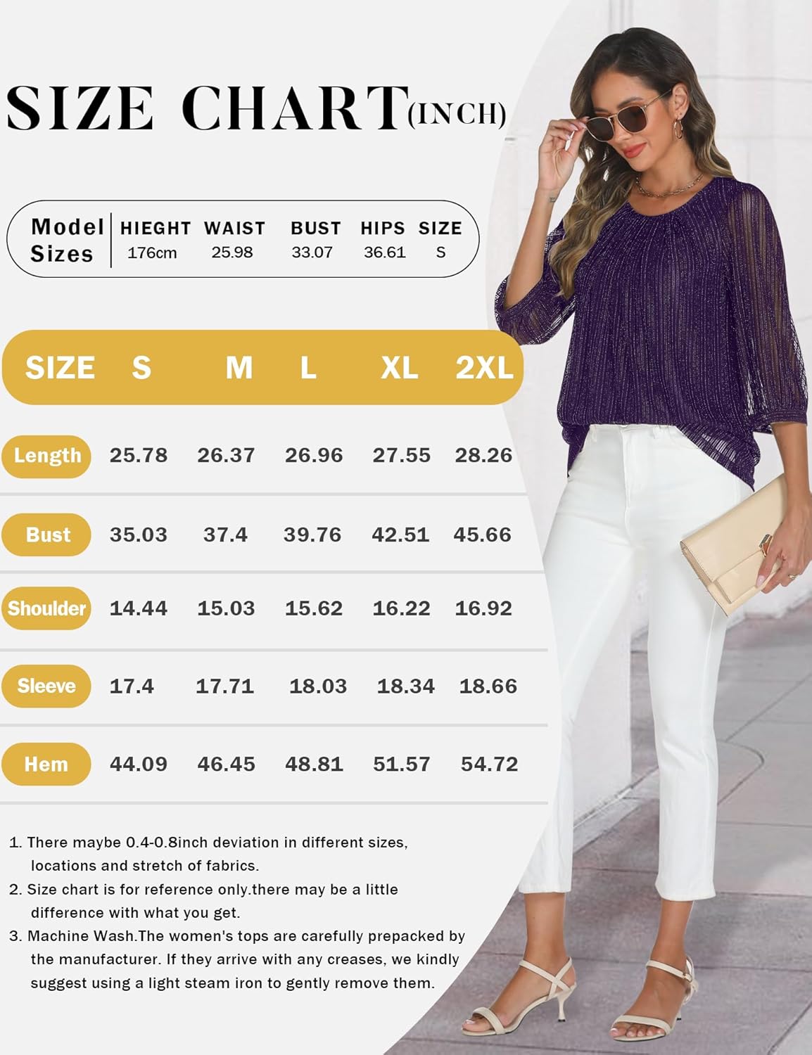 Relipop Womens 3/4 Sleeve Sparkle Top Casual Loose Fit Mesh Pleated Double Layered Tunic Tops - Image 7