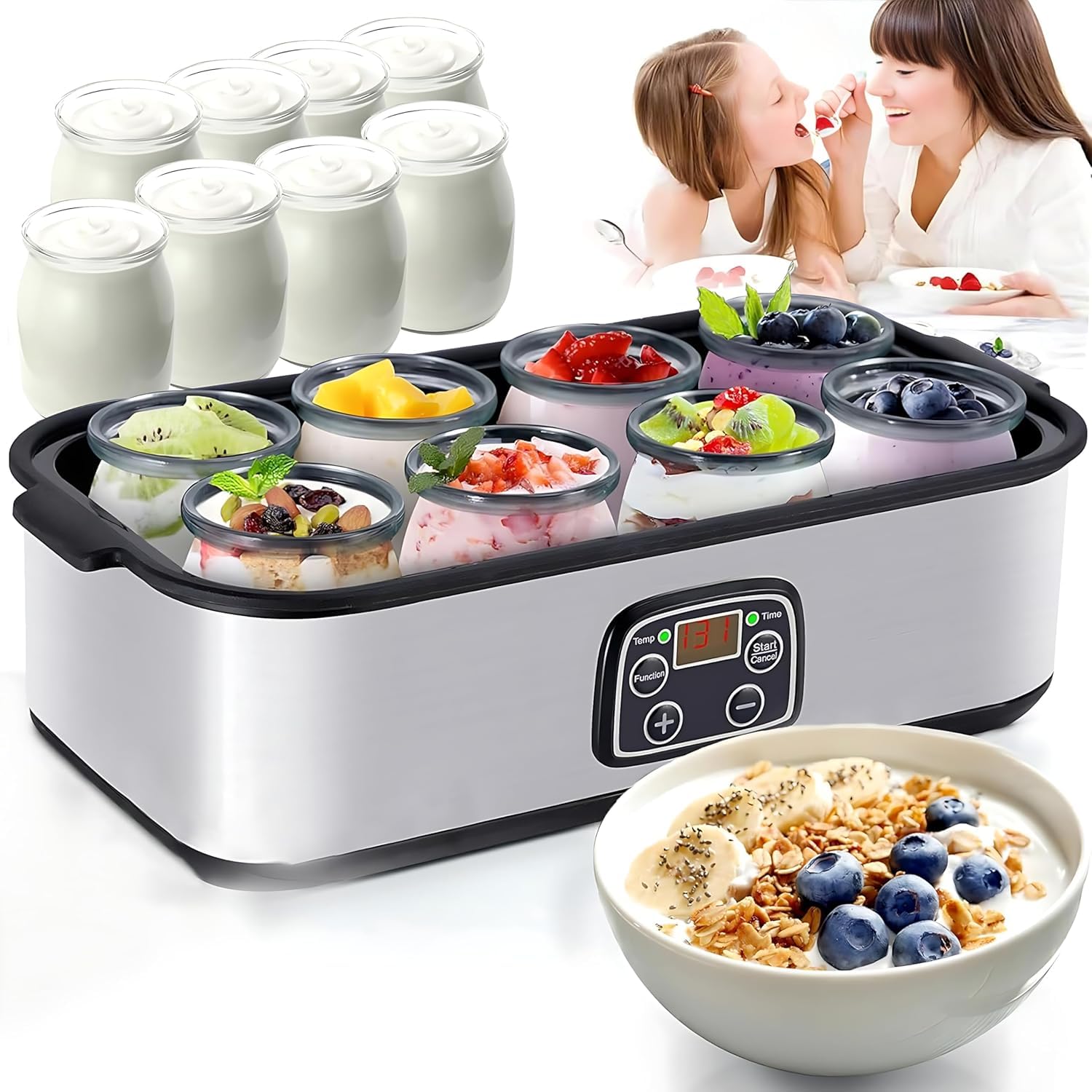 KACBFEE Yogurt Maker Machine Automatic Digital Yoghurt Fermentation Electric Probiotic Maker with 8 Glass Jars Stainless Steel Temp Control