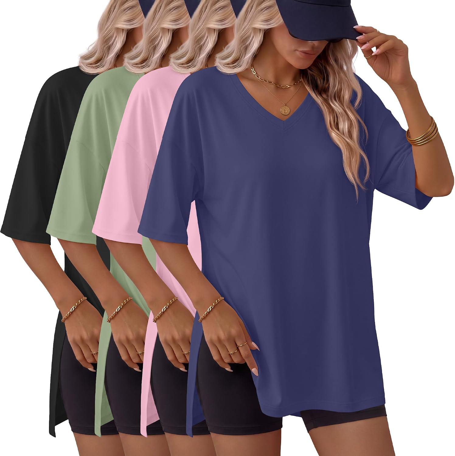 4 Pack Oversized Shirts for Women V Neck Workout Tops Casual Side Split Short Sleeve T Shirt Summer Gym Tunic Tees