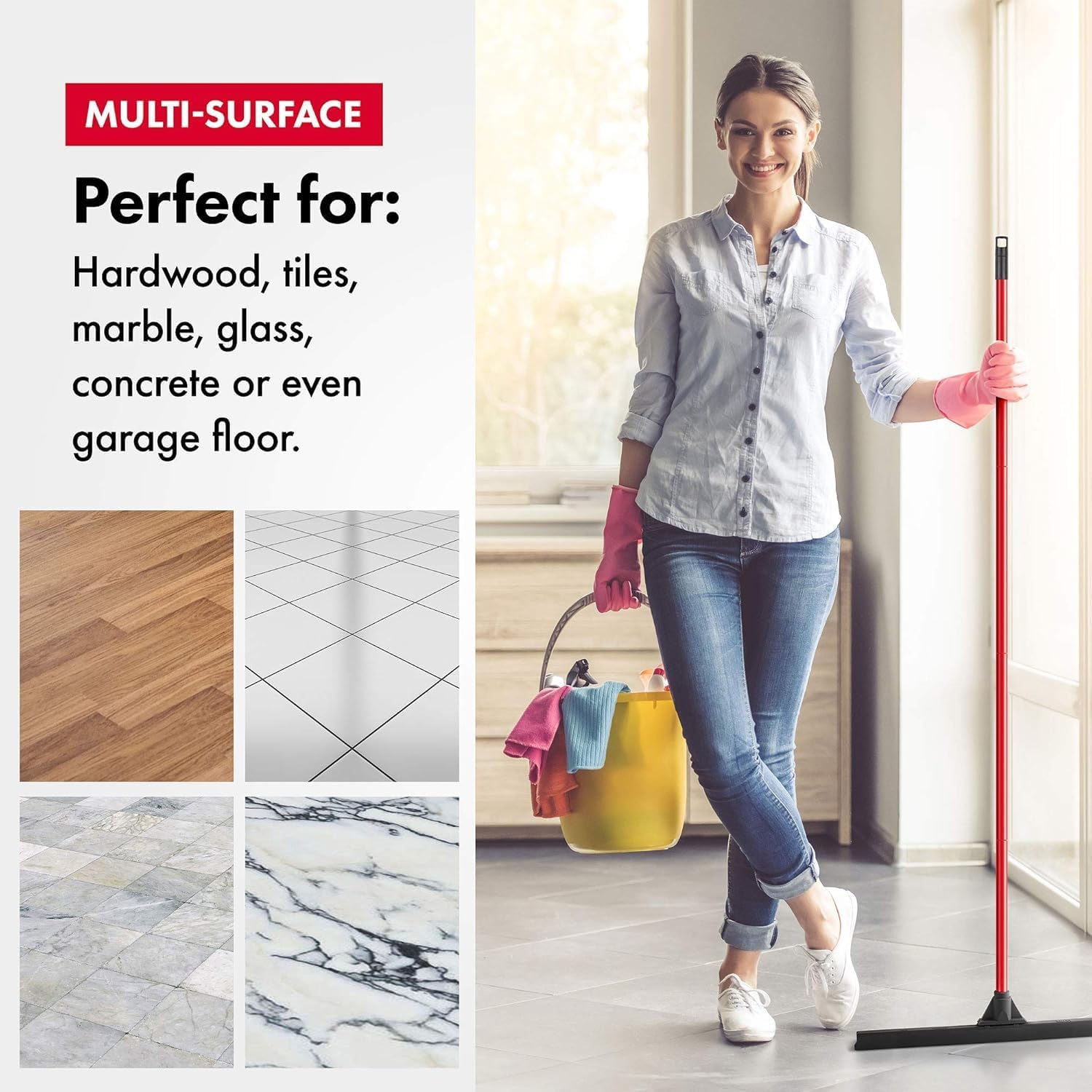 Heavy-Duty Floor Squeegee - Large 24" Wide Blade & 55" 1PC Long Handle Professional Grade Concrete, Garage & Commercial Rubber Squeegee Broom Floor Cleaner - Wood, Tile, Shower, Glass, Deck, Window