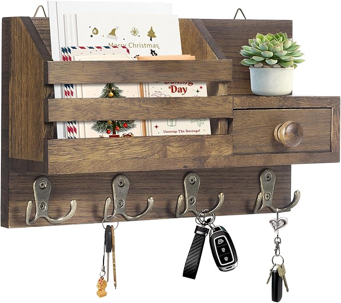 HOMEBROS Key Holder Wall Mount, Wooden Adhesive Mail and Key Organizer with Drawer, Small Shelf, 8 Hooks, 2 Installation Methods, Brown