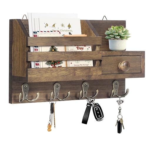 Key Holder Wall Mount, Wooden Key and Mail Organizer, Brown