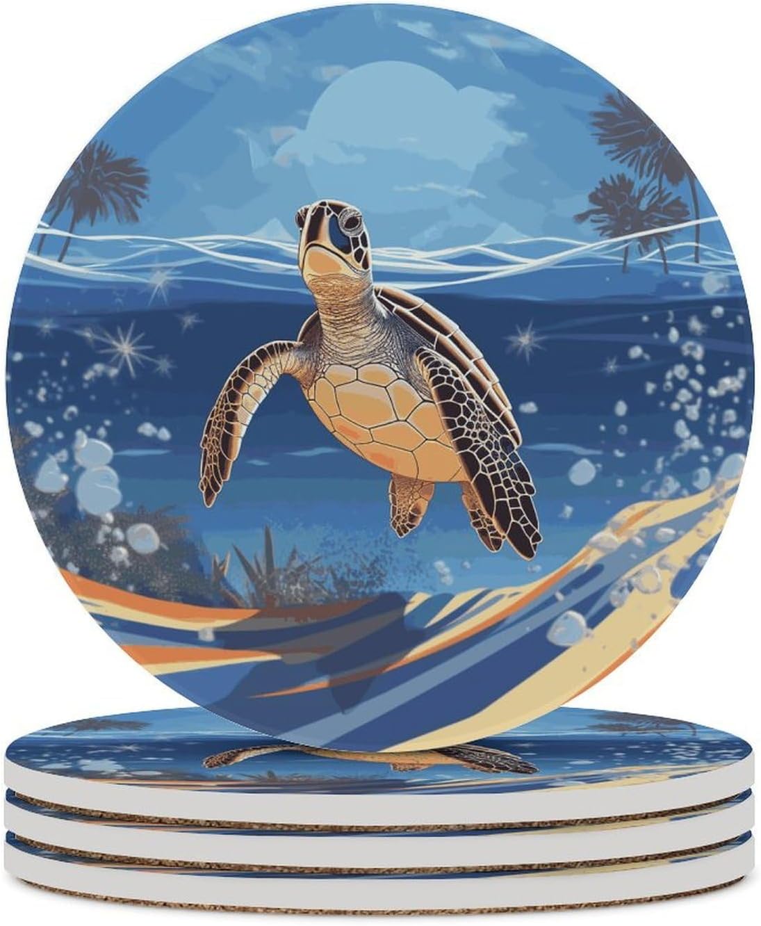 Ocean Turtle on The Beach Coasters Round Coasters Set Ceramic Stone Coaster with Cork Base Coffee Cup Beverage Cup Mat Cute Funny Table Drinks Coaster for Mugs and Cups Office Kitchen