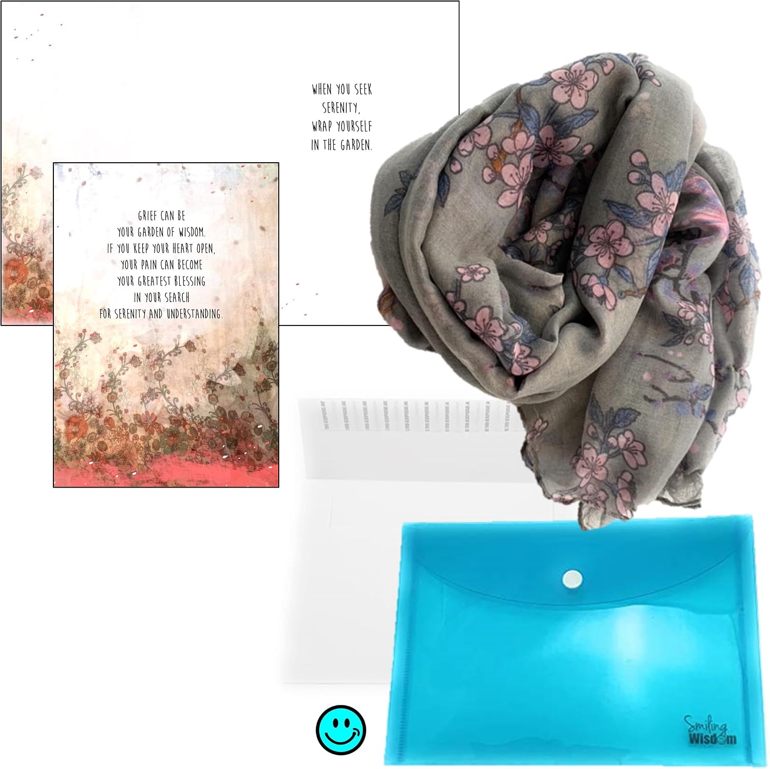 Smiling Wisdom | Sympathy Grief Consoling Greeting Card and Embracing Scarf Gift Set | Women Friends (Gray Pink Garden)