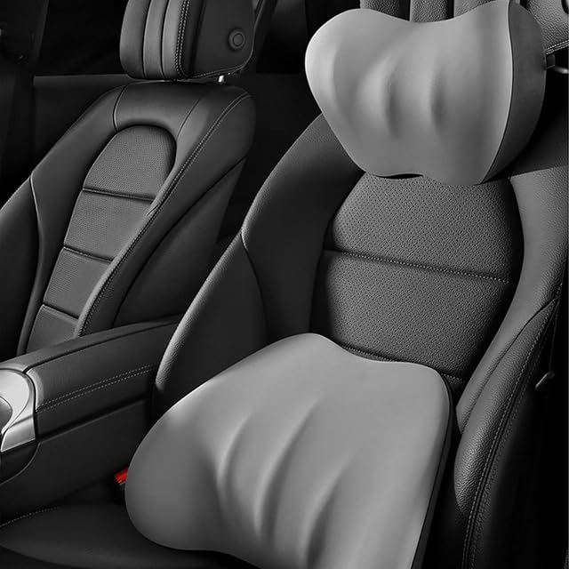 Big Hippo Lumbar Support Pillow and Car Headrest Neck Pillow Set, Ergonomic Design Headrest Lumbar Support for Neck Back Pain Relief - Idea for Office Chair or Car Seat (Grey)