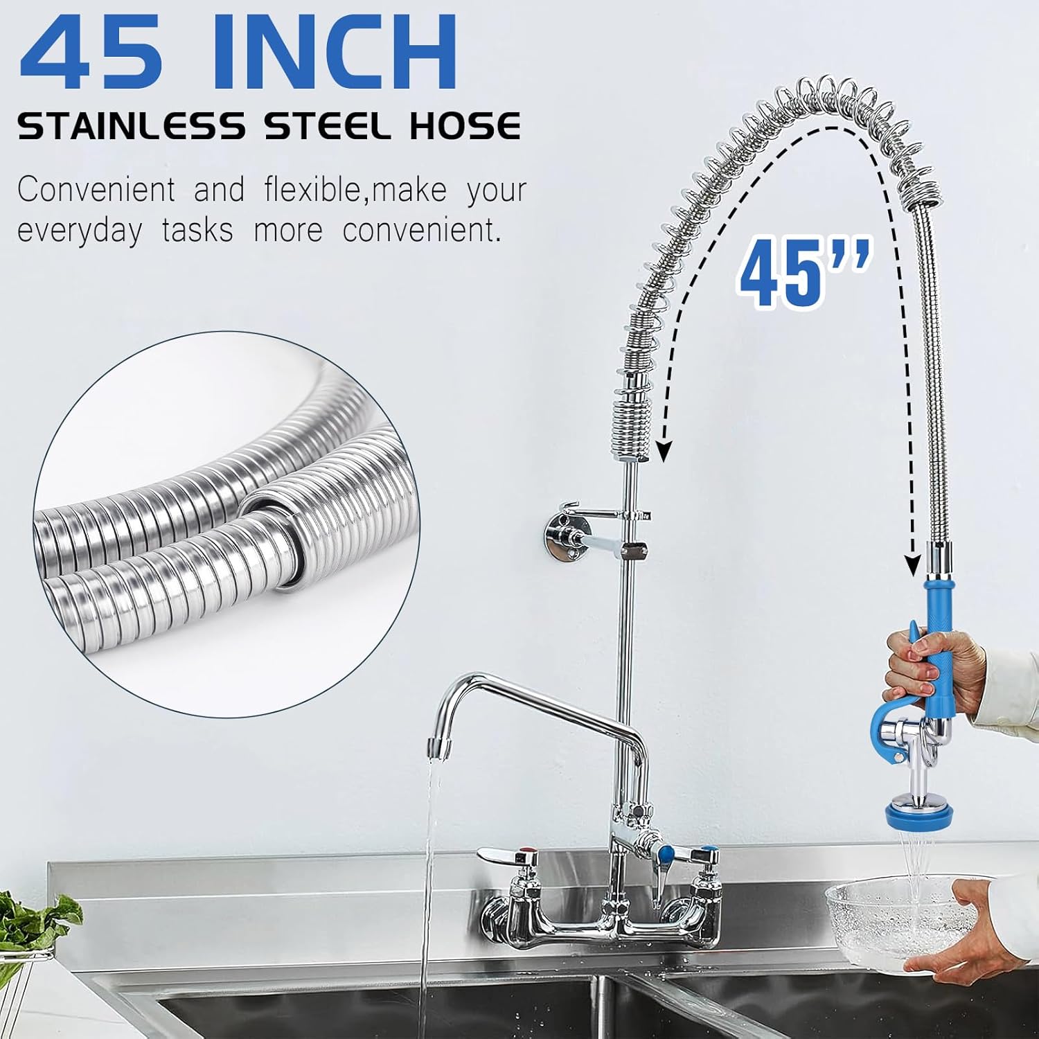 Spray Valve with 45” Commercial Sink Sprayer Hose & 304 Stainless Steel Pre Rinse Spring,Commercial Sink Faucets Flexible Hose with Spray & Spring Assembly for Commercial Kitchen Sink Faucet