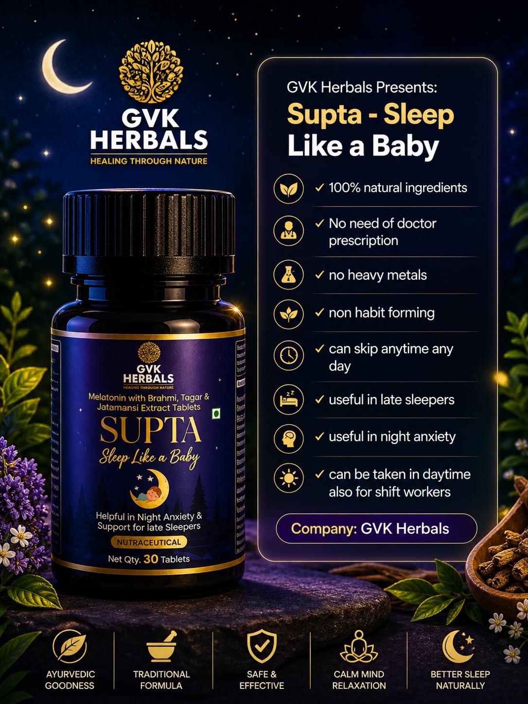 Supta Ayurvedic Sleep Support Tablets Brahmi Tagar Jatamansi Melatonin 5mg Calm Mind Relaxation Night Support 30 Tablets GVK Herbals — Amazon image 3
