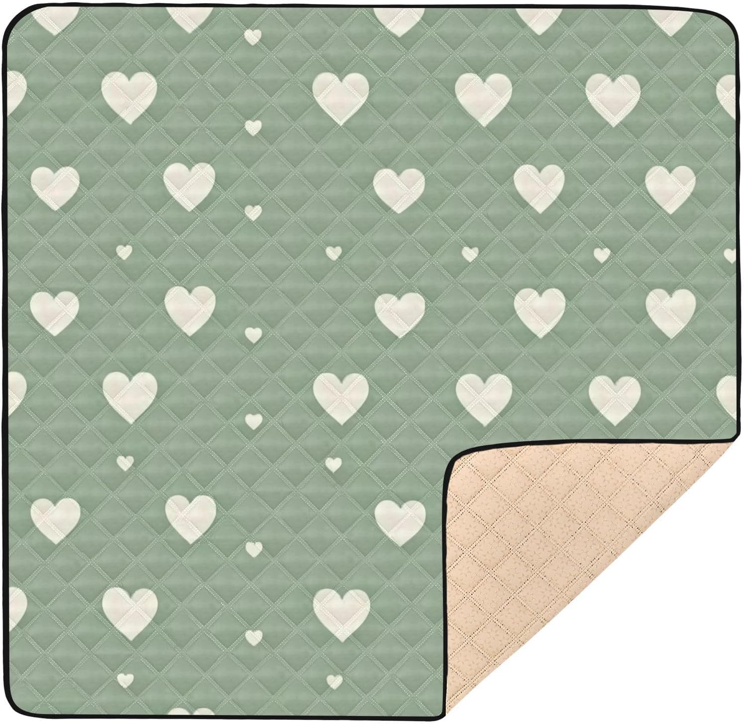 Doodle Green Heart Baby Play Mat, 50“ X 50” Washable Folding Crawling Mat, Baby Floor Mat, Soft, Thick, Non-Slip