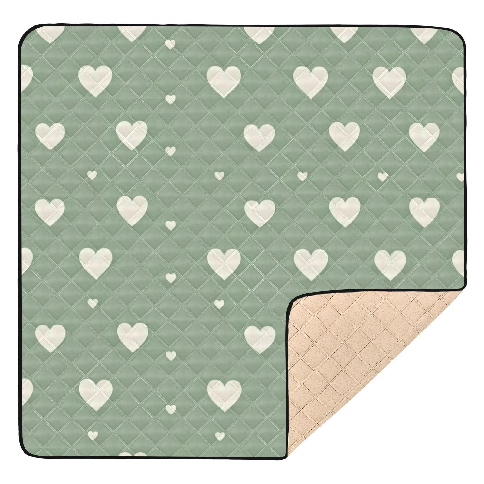 BOESI Doodle Green Heart Baby Play Mat, 50“ X 50” Washable Folding Crawling Mat, Baby Floor Mat, Soft, Thick, Non-Slip
