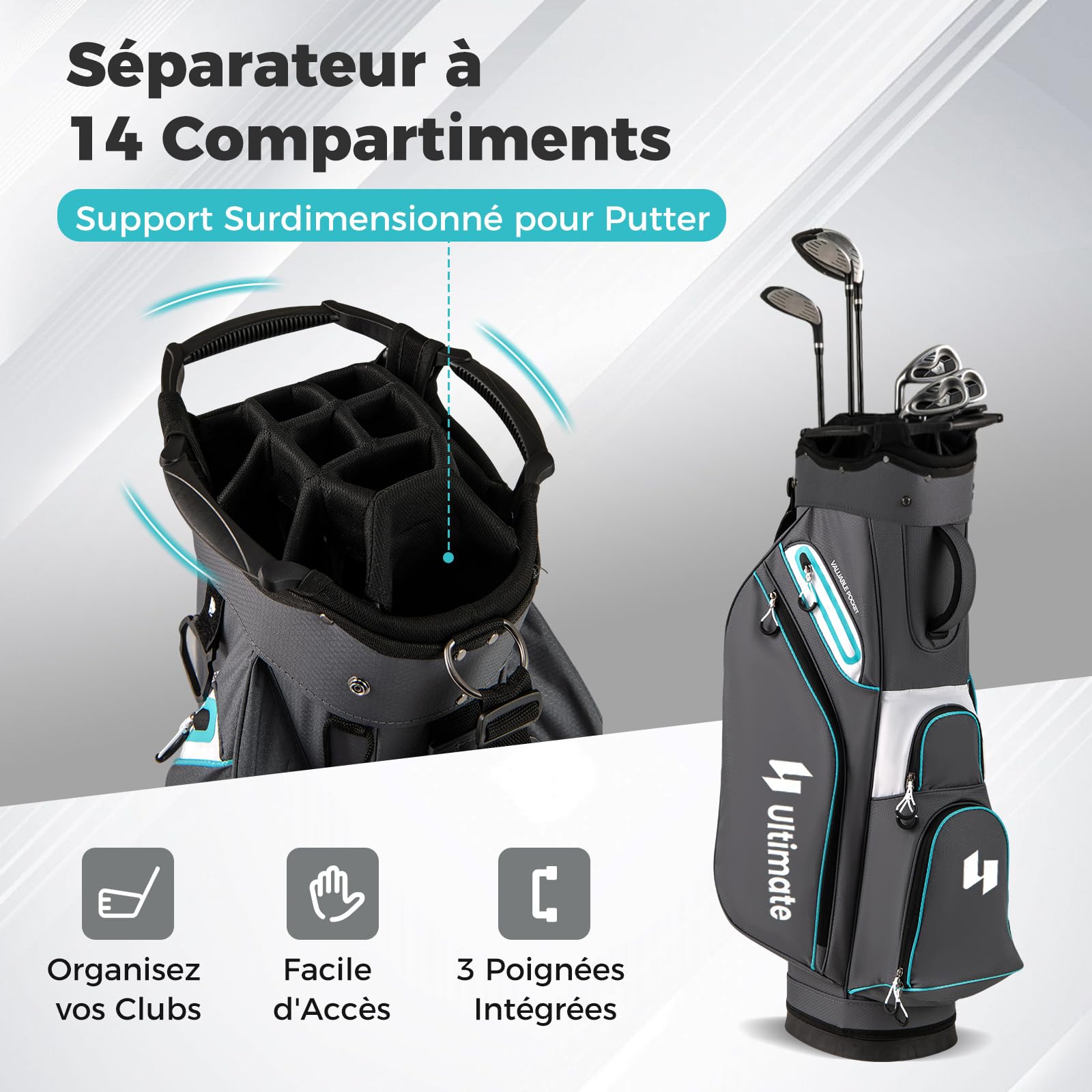 COSTWAY Sac de Golf avec 14 Compartiments sur Le Dessus, Sac de Rangement Portable pour Club de Golf avec Poche Isotherme Bandoulière Réglable Housse de Pluie et Porte-Parapluie