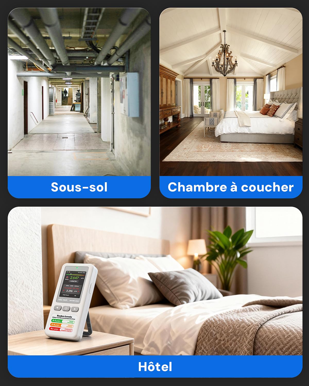 HOUND-1011S Détecteur de radon portable, Capteur haute précision pour la maison, Léger, Alarmes sonores & visuelles, Surveillance à long terme, Testeur de radon en pCi/L ou Bq/m³ pour sous-sol
